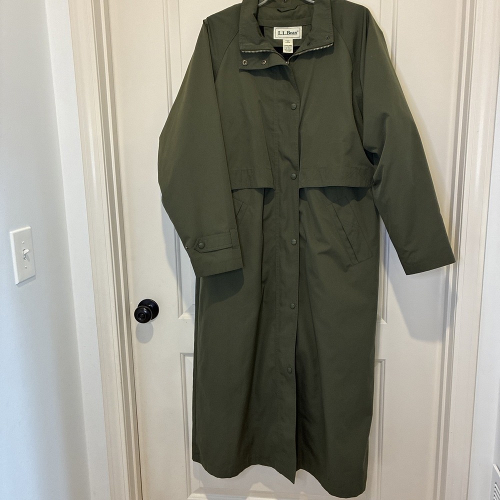 LL Bean Womens Large Olive Green Long Trench Coat Full Zip Snap Storm Flap OHJ60